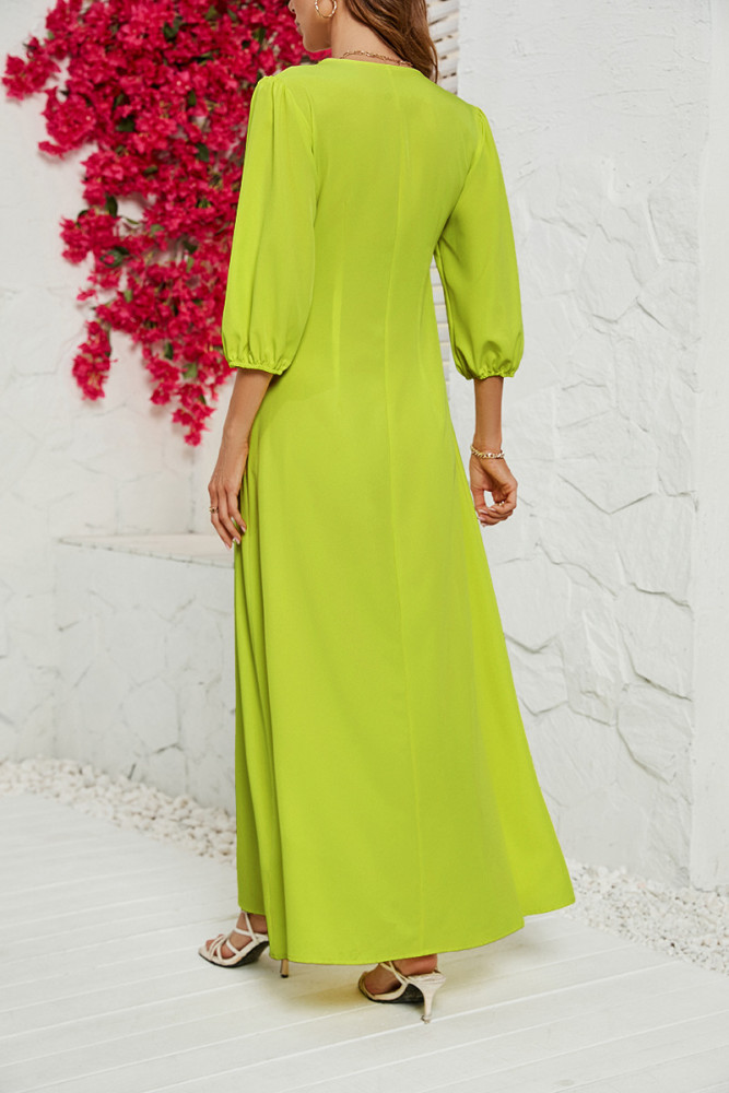 Women's New V-neck Solid Color Buttoned Five-quarter Sleeve Maxi Dress