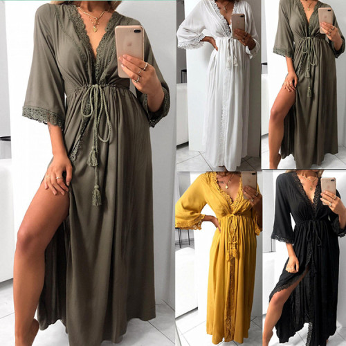 Women's New Seven-sleeved Lace Cardigan Maxi Dress