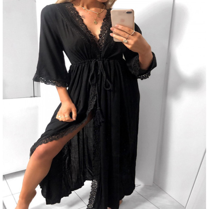 Women's New Seven-sleeved Lace Cardigan Maxi Dress