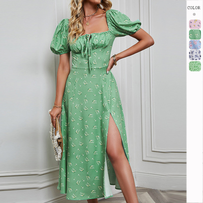 New Fashion Women's Puff Sleeves Lace-up Split Floral Maxi Dress