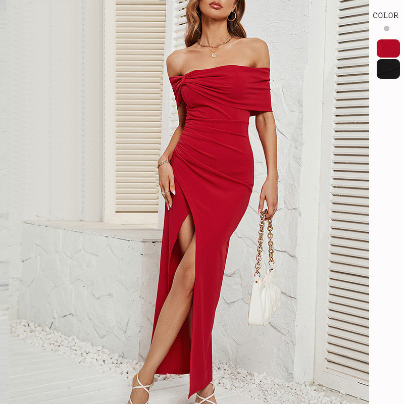Women's Solid Off-the-shoulder Tight Sexy Split Maxi Dress