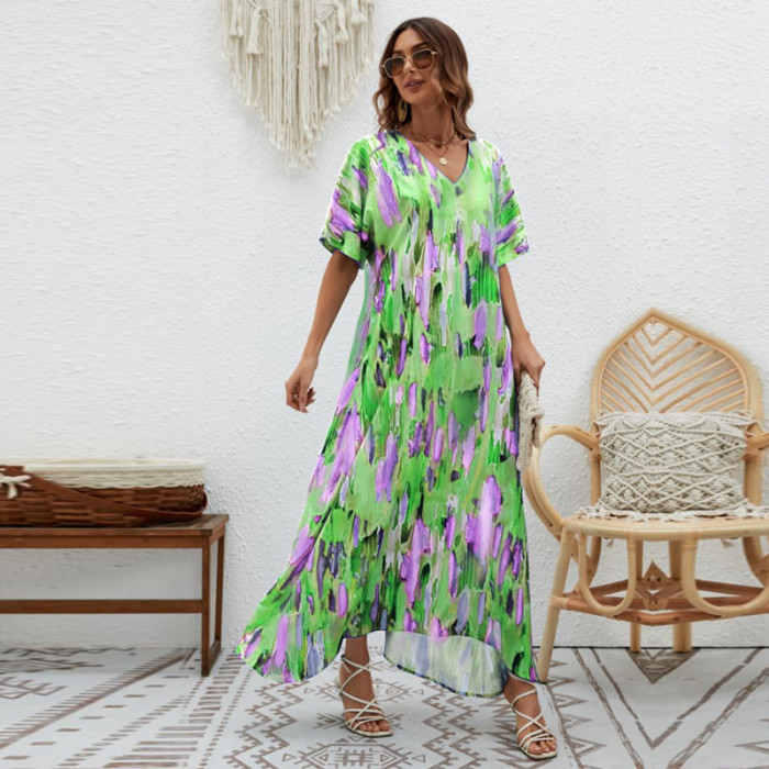 Women's New Elegant V-neck Print Loose Maxi Dress