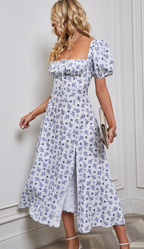 New Fashion Women's Puff Sleeves Lace-up Split Floral Maxi Dress