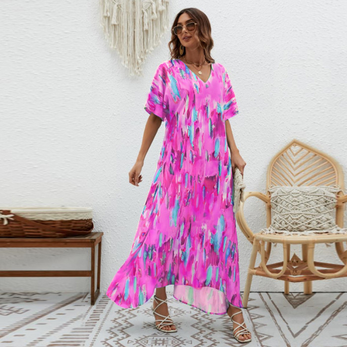 Women's New Elegant V-neck Print Loose Maxi Dress