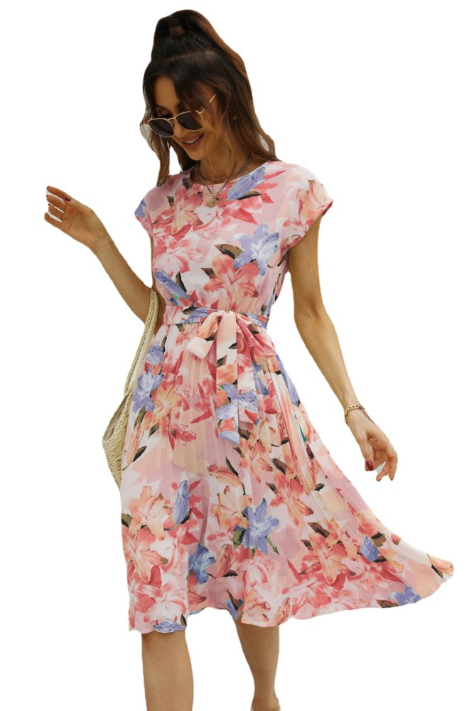 Women's Casual Fashion Short Sleeve Crewneck Print Midi Dress