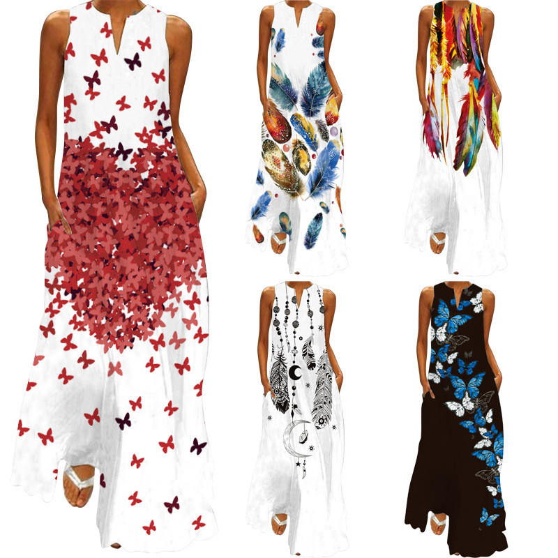Women's Fashion Sexy Print V-neck Sleeveless Maxi Dress