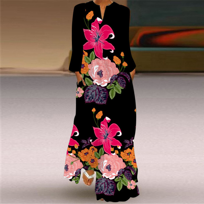 New Women's V-neck Long Sleeve Print Loose Maxi Dress