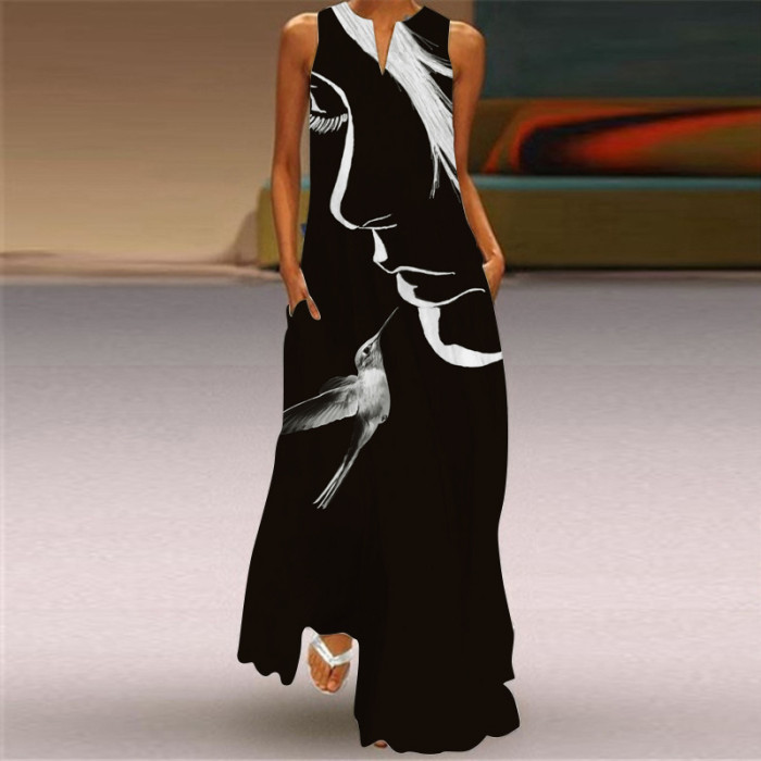 New Women's Fashion Print V-neck Loose Plus-size Maxi Dress
