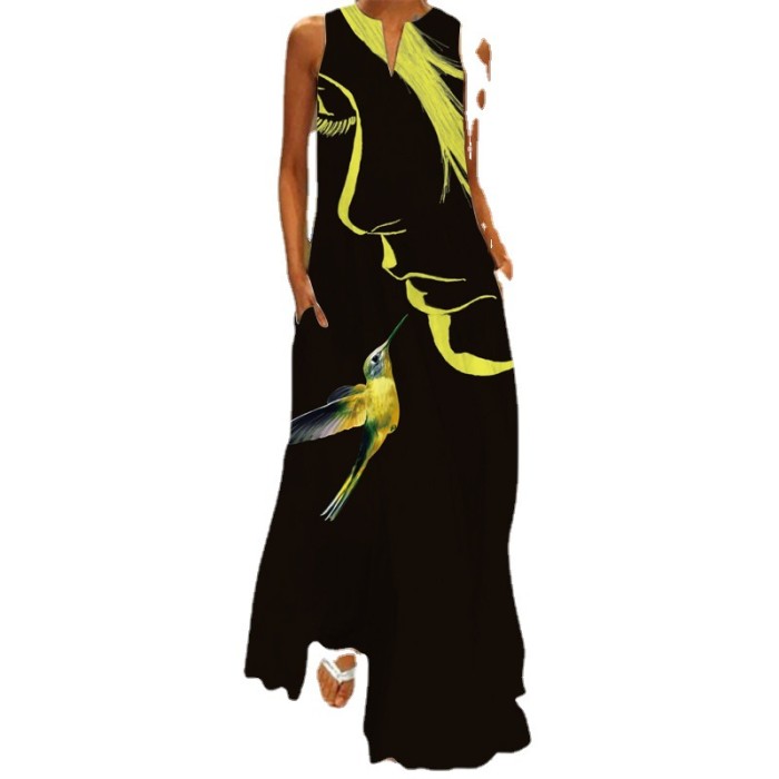 New Women's Fashion Print V-neck Loose Plus-size Maxi Dress
