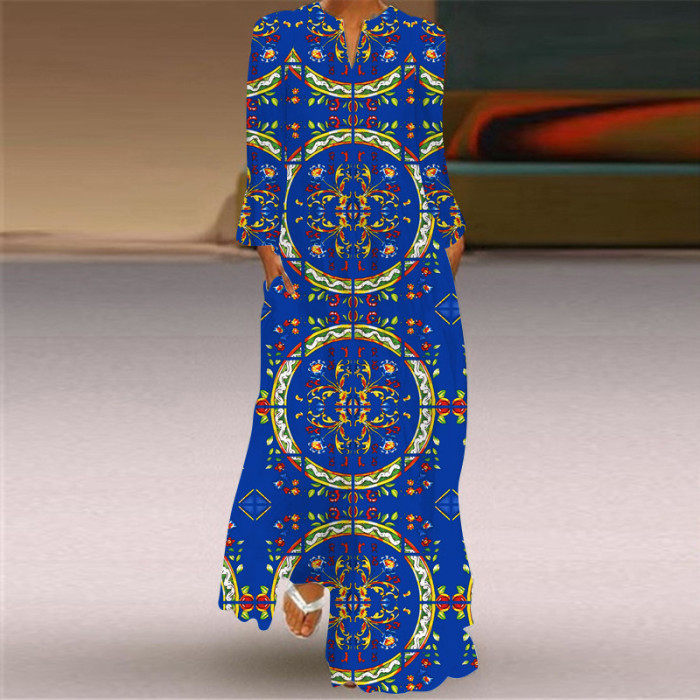 New Women's V-neck Long Sleeve Print Loose Maxi Dress