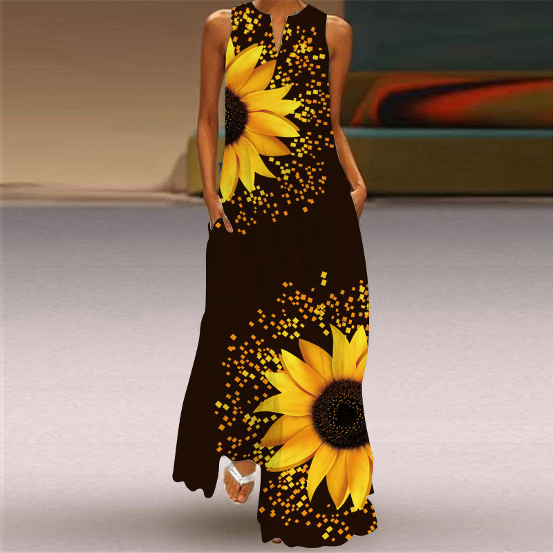 New Women's Sleeveless V-neck Print Maxi Dress
