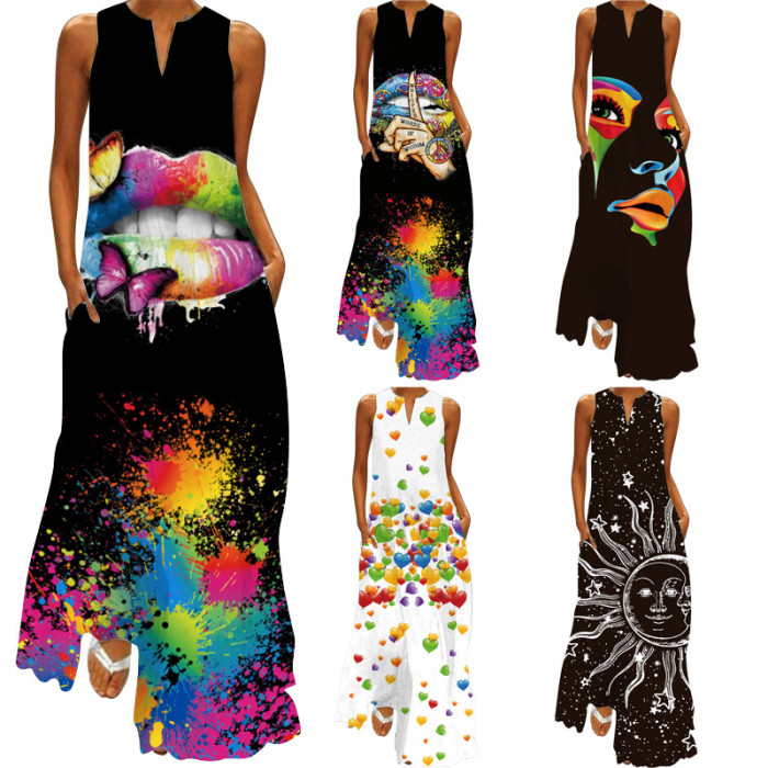 New Vintage Print V-neck Multi-coloured Sexy Sleeveless Maxi Dress