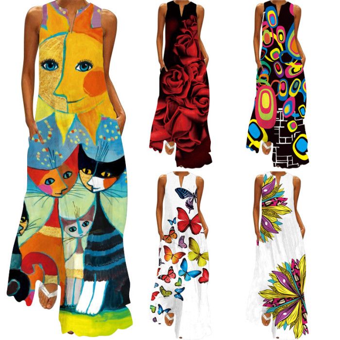 New Women's Sleeveless V-neck Print Vintage Maxi Dress