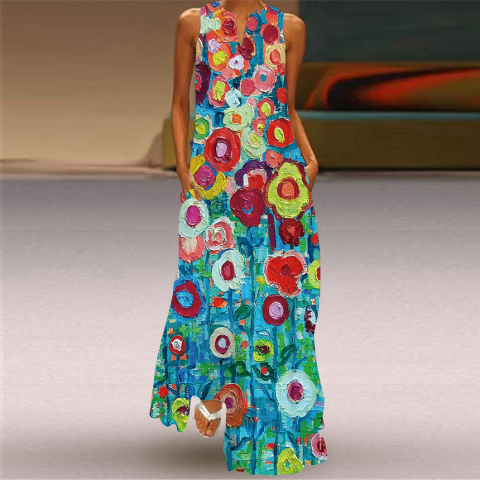 New Vintage Print Long V-neck Multi-color Sexy Sleeveless Maxi Dress