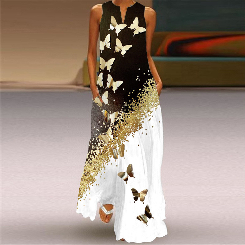 New Women's Sleeveless V-neck Vintage Print Maxi Dress
