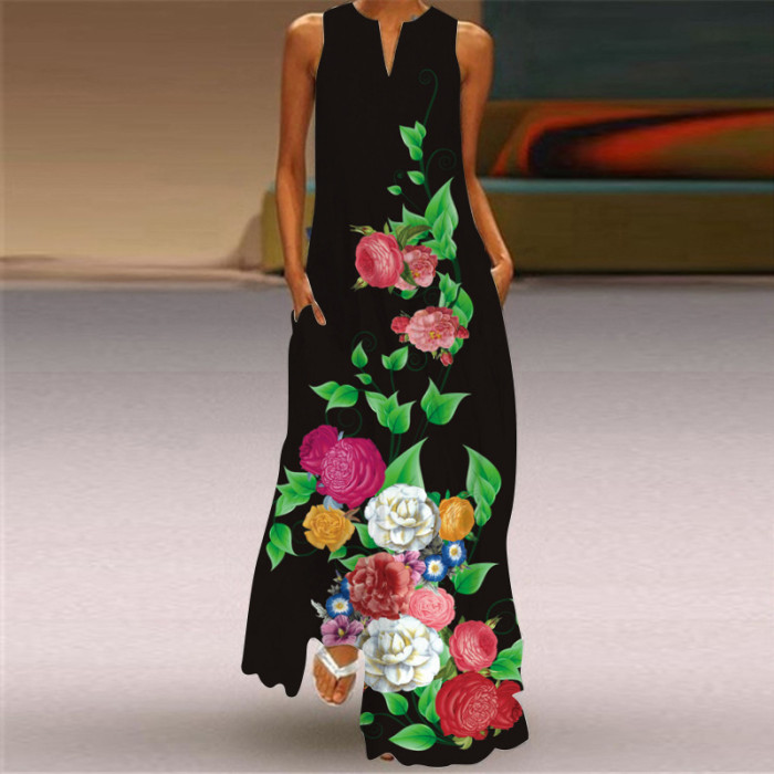 Women's Fashion Sexy Print V-neck Sleeveless Maxi Dress