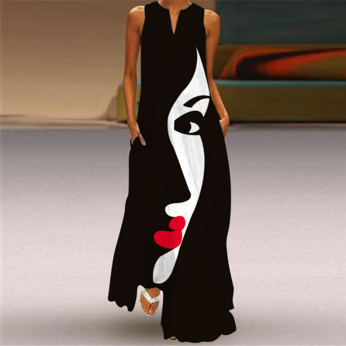 New Women's Print V-neck Sleeveless Maxi Dress