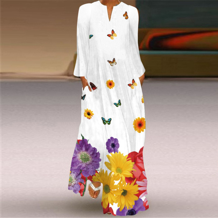 New Women's Print Long Sleeve Small V-neck Maxi Dress