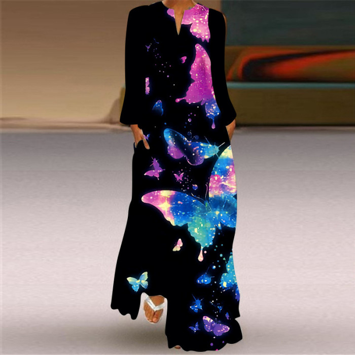 New Women's Vintage Butterfly Print V-neck Long Sleeve Maxi Dress