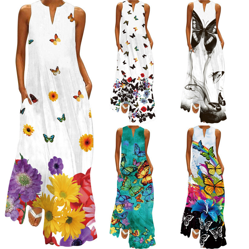 Women's Fashion Sexy Print V-neck Sleeveless Maxi Dress S-5XL