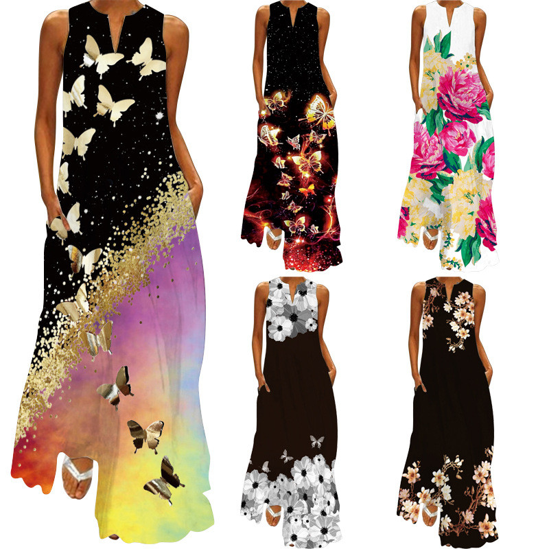 New Women's Sleeveless V-neck Vintage Print Maxi Dress
