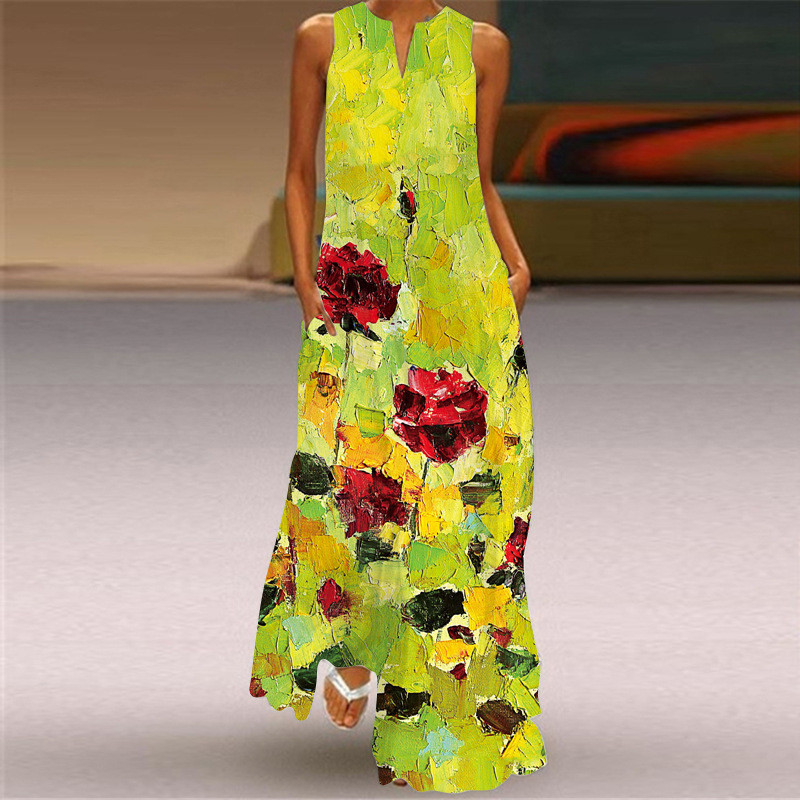 New Vintage Print Long V-neck Multi-color Sexy Sleeveless Maxi Dress