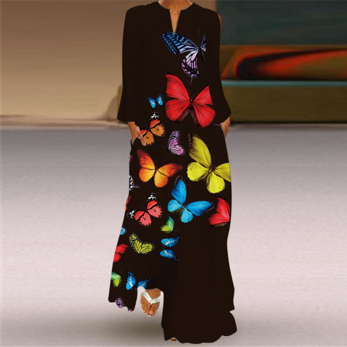 New Women's Vintage Butterfly Print V-neck Long Sleeve Maxi Dress