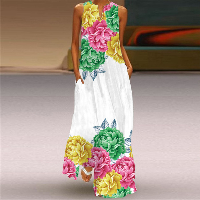 New Women's Vintage Sleeveless V-neck Print Maxi Dress