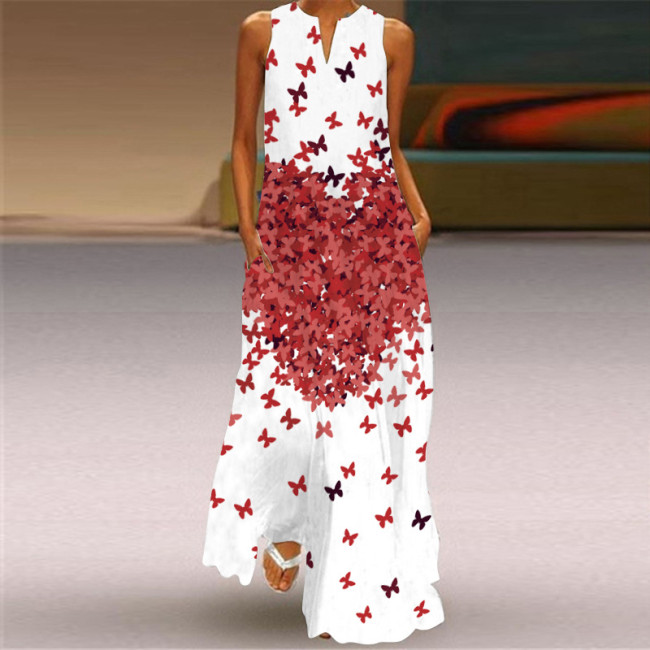 Women's Fashion Sexy Print V-neck Sleeveless Maxi Dress