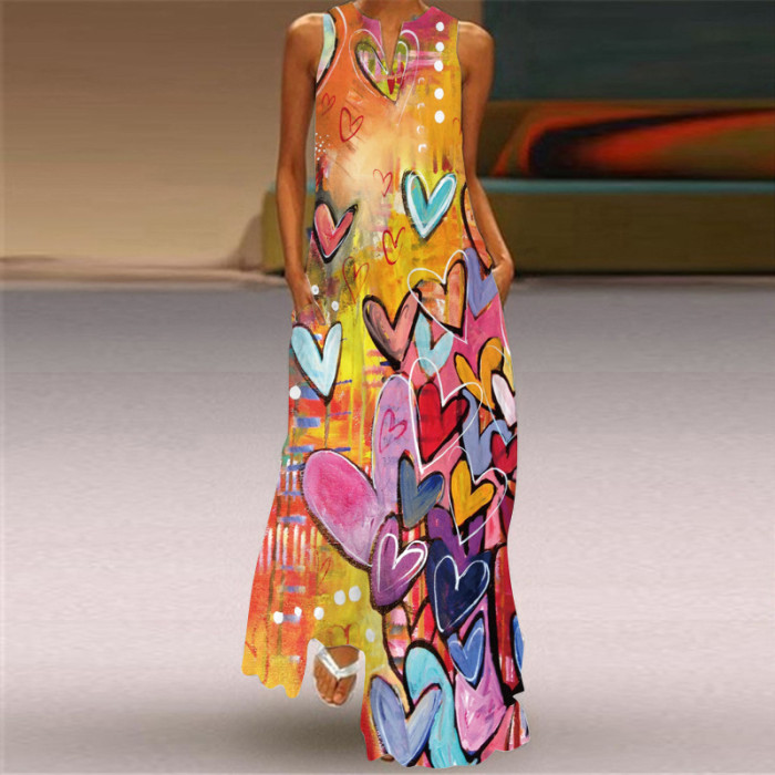 New Vintage Print V-neck Multi-coloured Sexy Sleeveless Maxi Dress