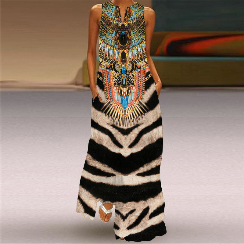 Women's Fashion Sexy Print V-neck Sleeveless Maxi Dress