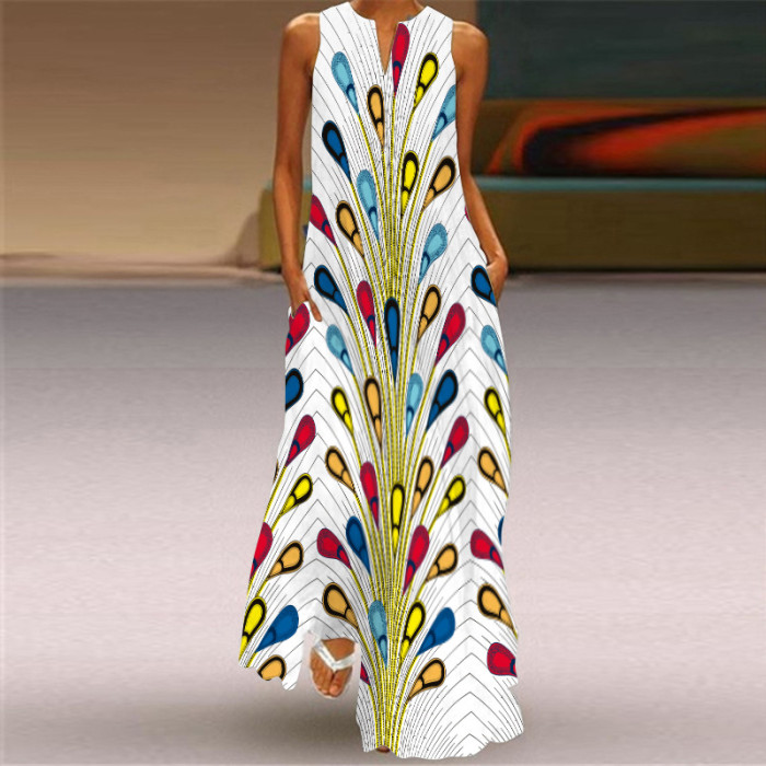 Women's Fashion Sexy Print V-neck Sleeveless Maxi Dress