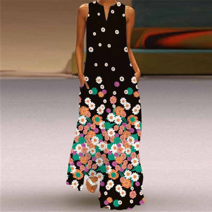 New Women's Vintage Sleeveless V-neck Print Maxi Dress