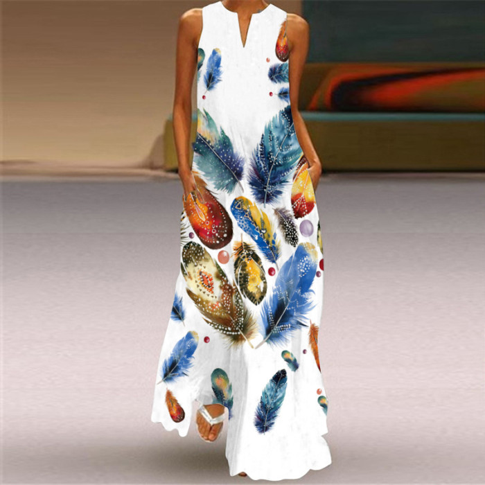 Women's Fashion Sexy Print V-neck Sleeveless Maxi Dress
