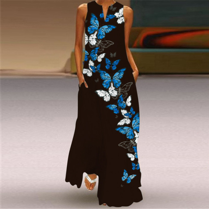 Women's Fashion Sexy Print V-neck Sleeveless Maxi Dress