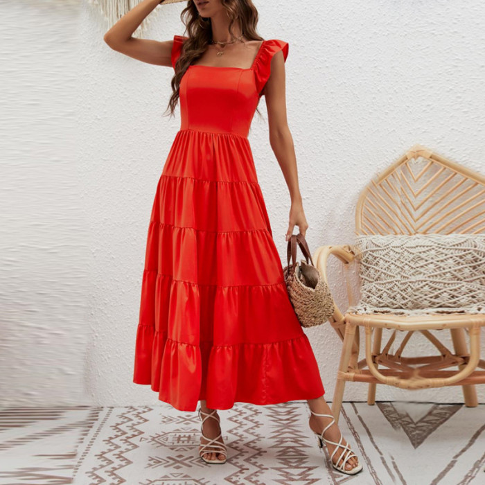 Women's Casual Waist Elegant Sleeveless Square Neck Solid Color Maxi Dress