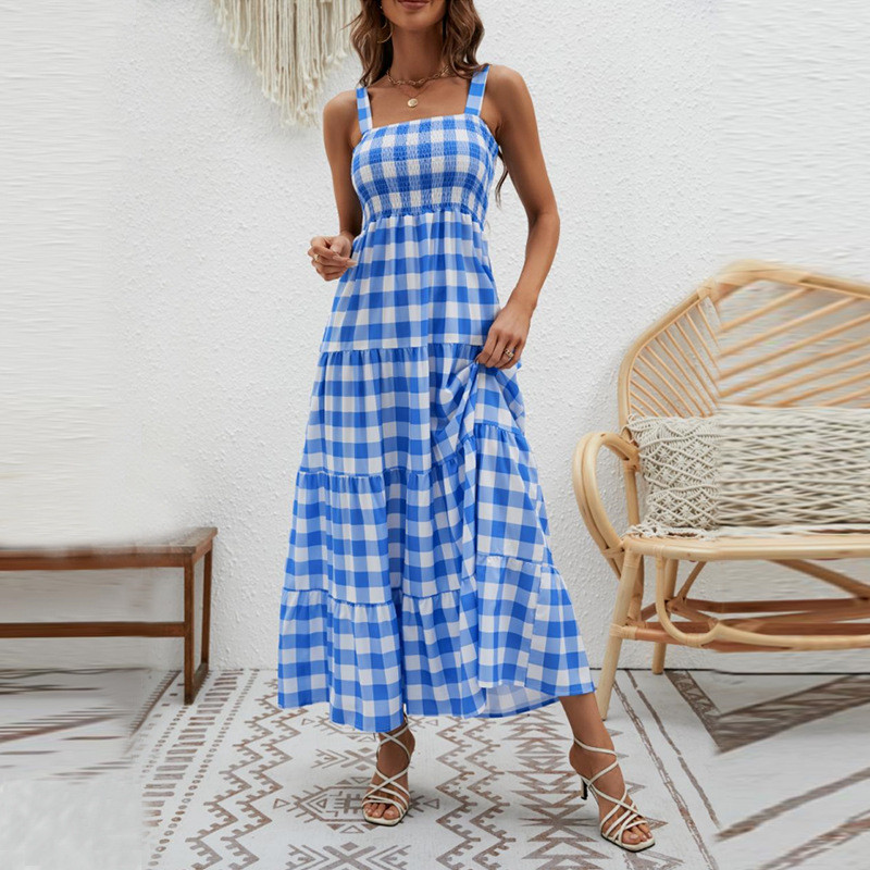 New Stylish Plaid Print Slip Sleeveless Maxi Dress