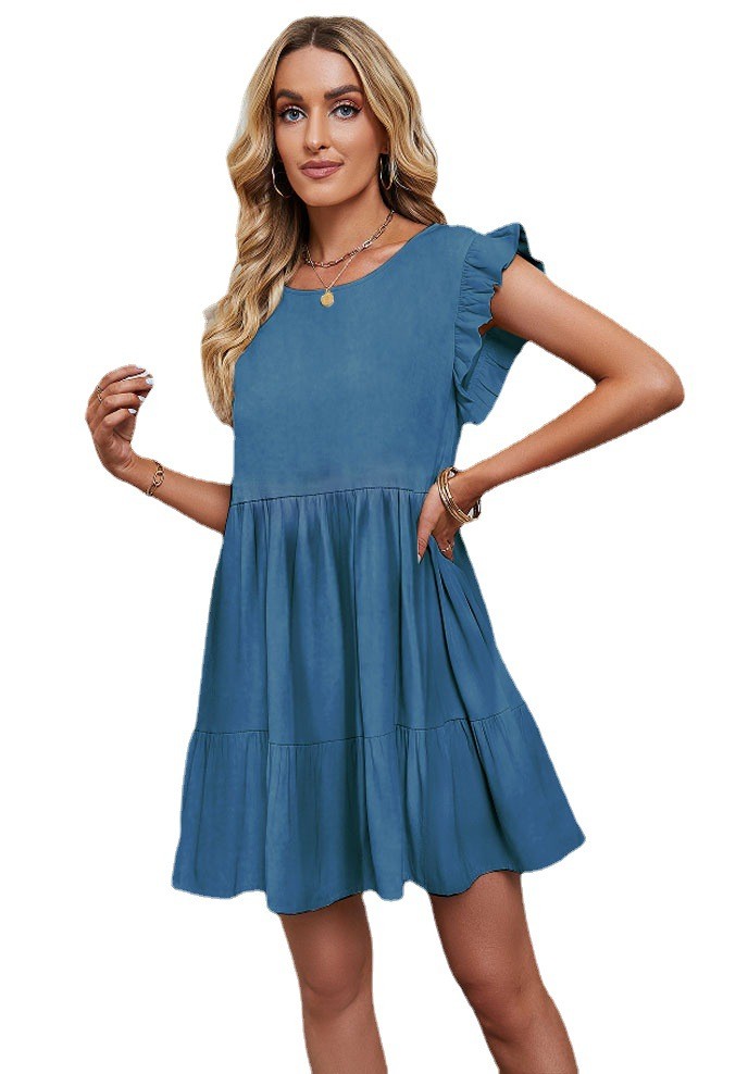 Women's New Solid Color Crewneck Ruffle Sleeve Mini Dress