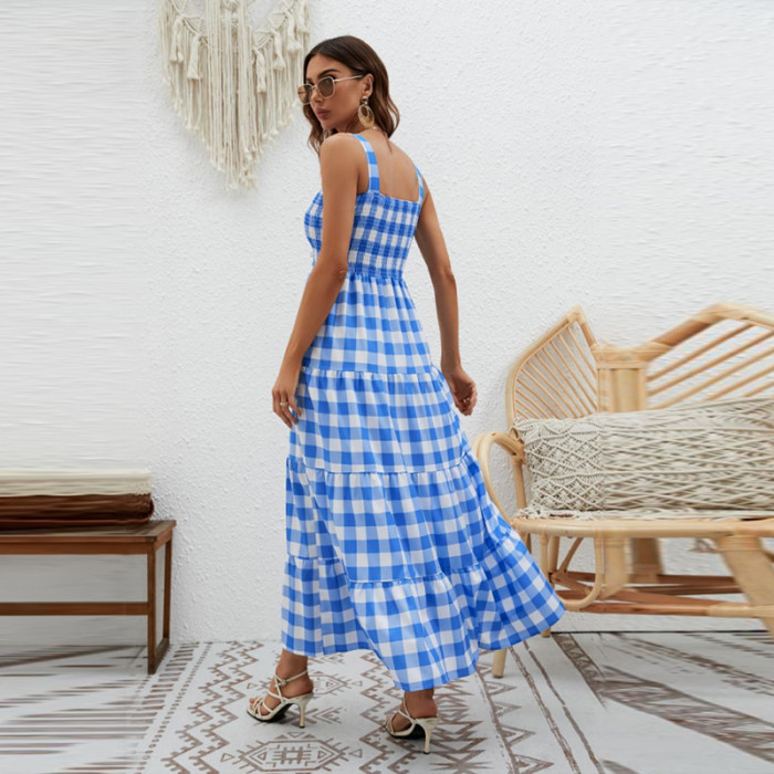 New Stylish Plaid Print Slip Sleeveless Maxi Dress