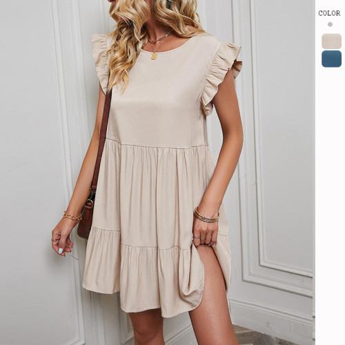 Women's New Solid Color Crewneck Ruffle Sleeve Mini Dress