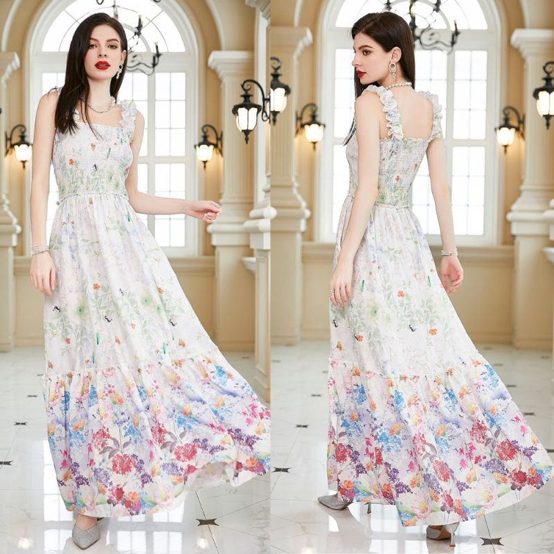 New Women's Floral Print Slip White Maxi Dress