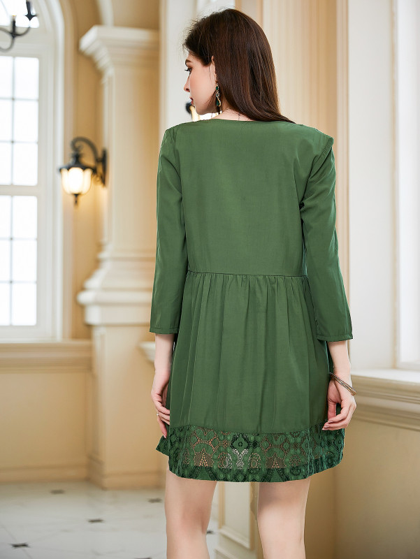 New Women's Long-sleeved Green Lace Mini Dress