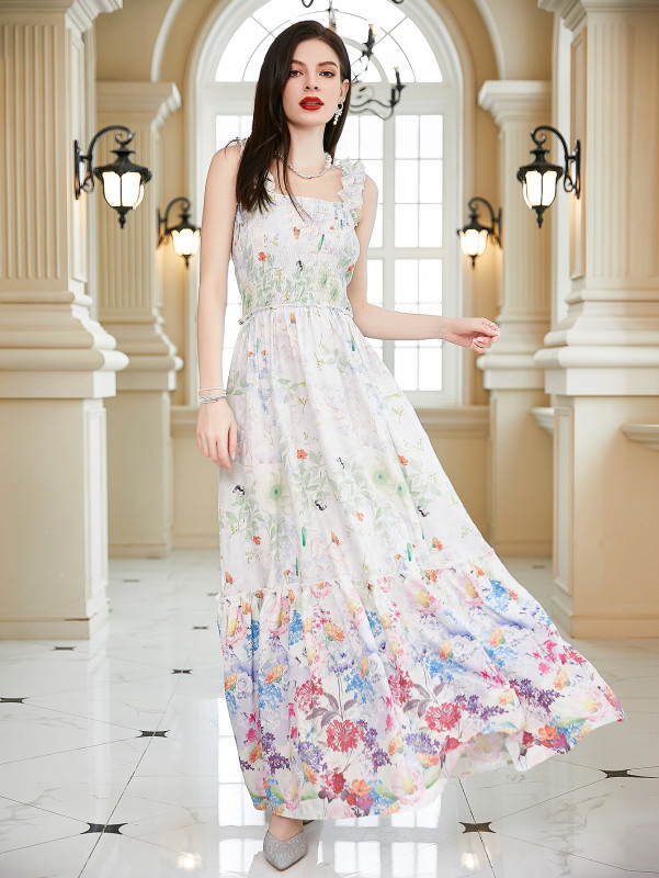 New Women's Floral Print Slip White Maxi Dress