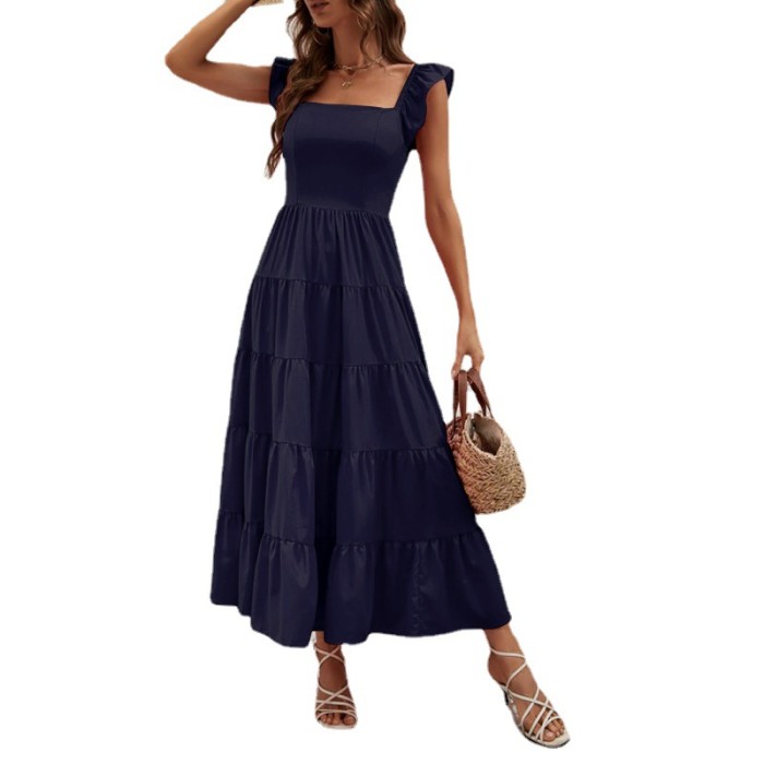 Women's Casual Waist Elegant Sleeveless Square Neck Solid Color Maxi Dress