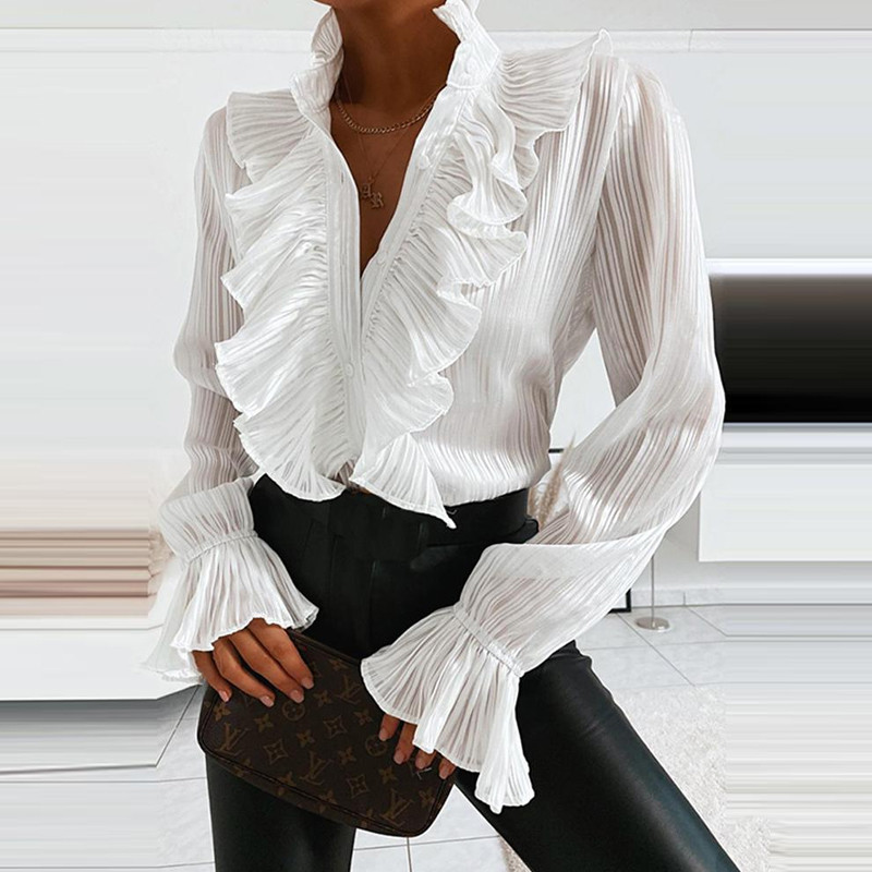 Ruffled Long Sleeve Sexy V Neck Pleated Elegant Shirt
