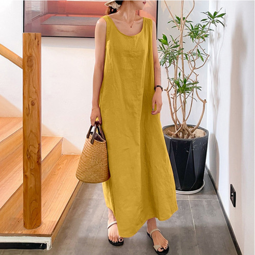 Women Vintage Cotton Linen Pocket Round Neck Solid Color Sleeveless Maxi Dress