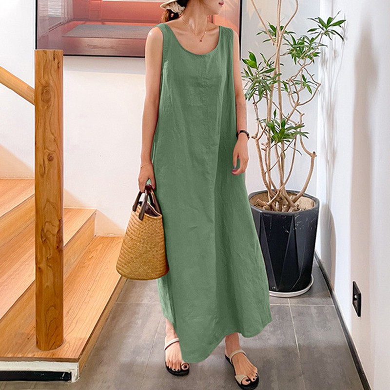 Women Vintage Cotton Linen Pocket Round Neck Solid Color Sleeveless Maxi Dress