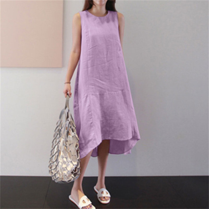 Women Vintage Cotton Linen Pocket Round Neck Solid Color Sleeveless Maxi Dress