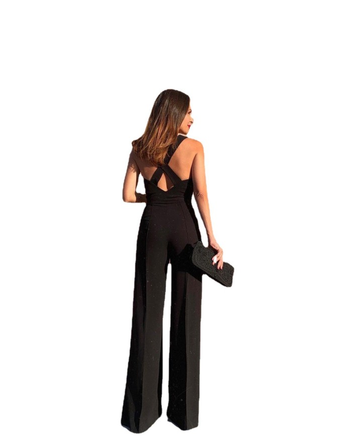 New Casual Chic Open-back Black Thin Wide-leg Jumpsuit