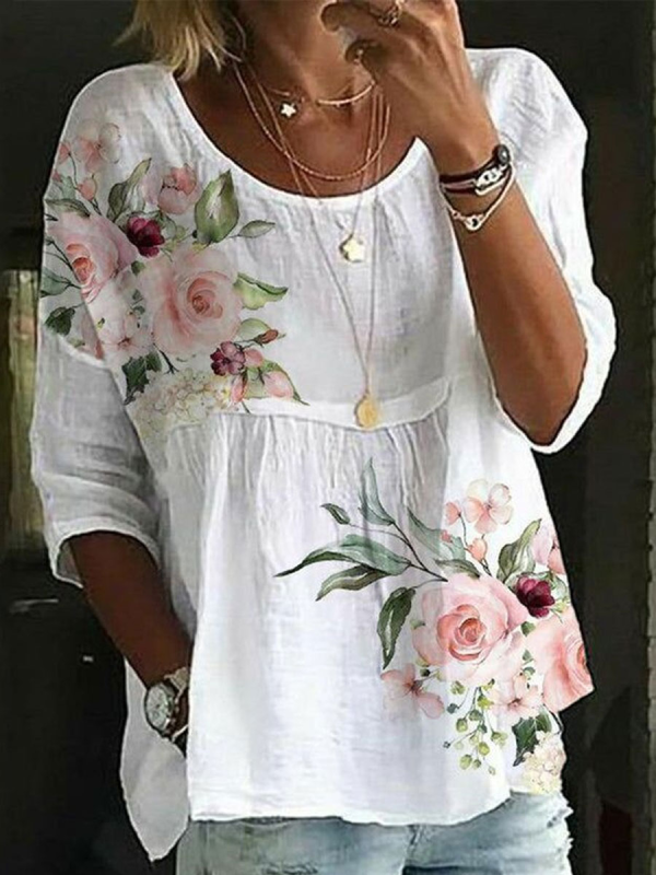 Woman Fashion Loose Elegant Round-Neck Print Casual Shirt